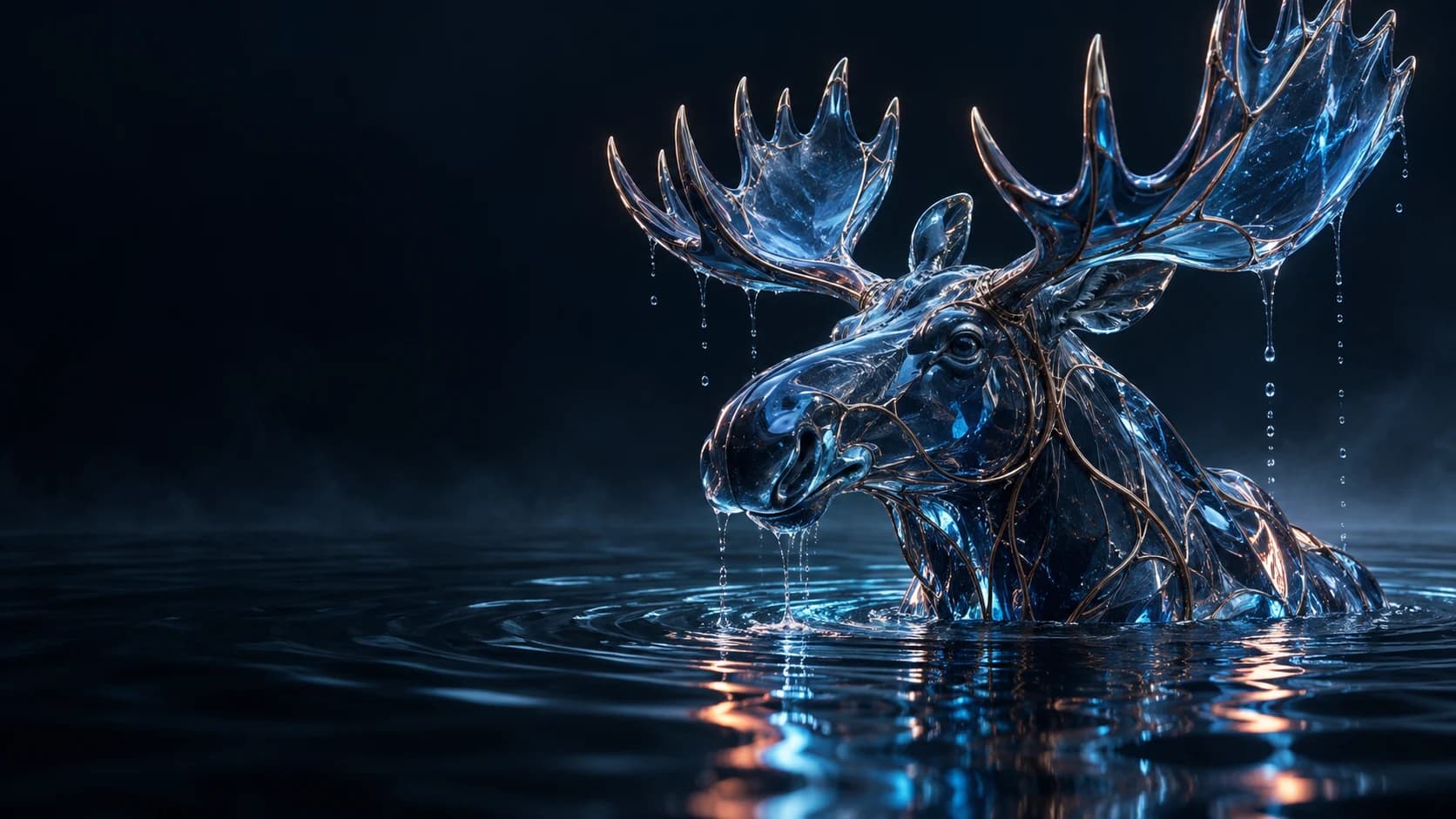 A sculptural blue glass moose emerging from dark water