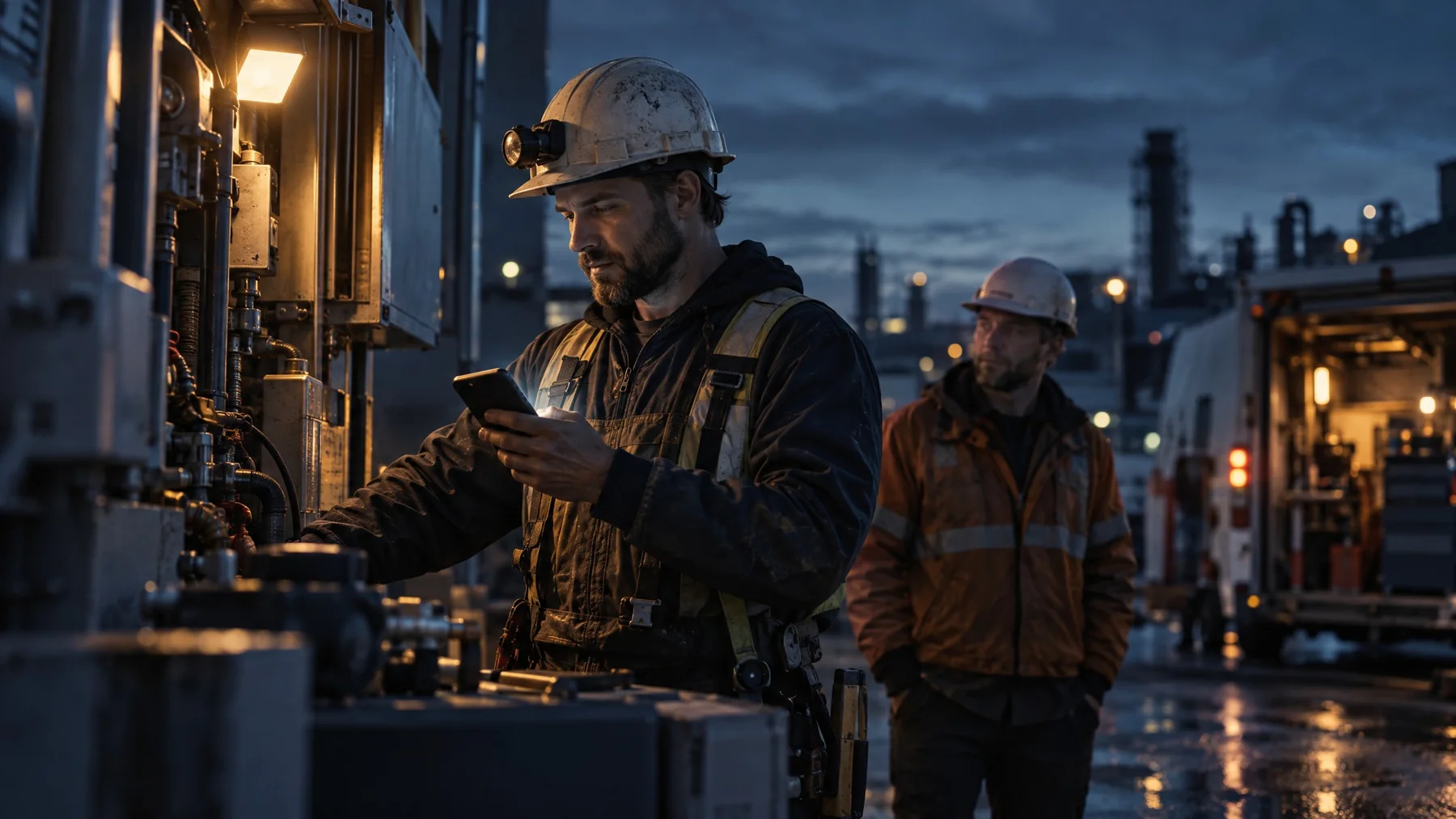 A technician using a phone while working on site