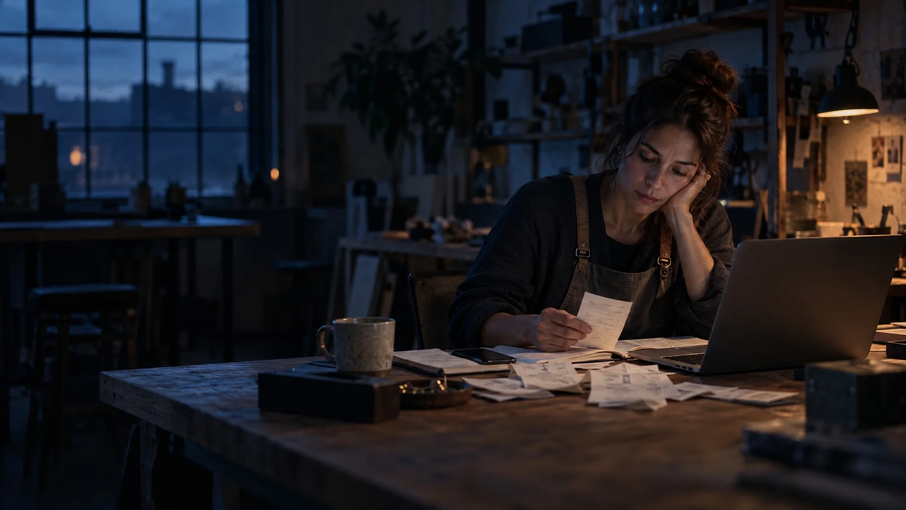 A business owner sorting through separate notes, devices, and receipts after closing
